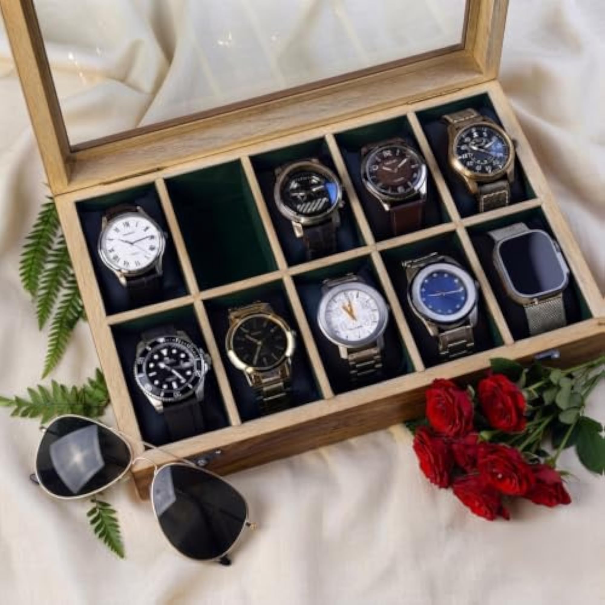 Handcrafted Wooden Watch Box for Men, 10 Slots & Gift Packaging